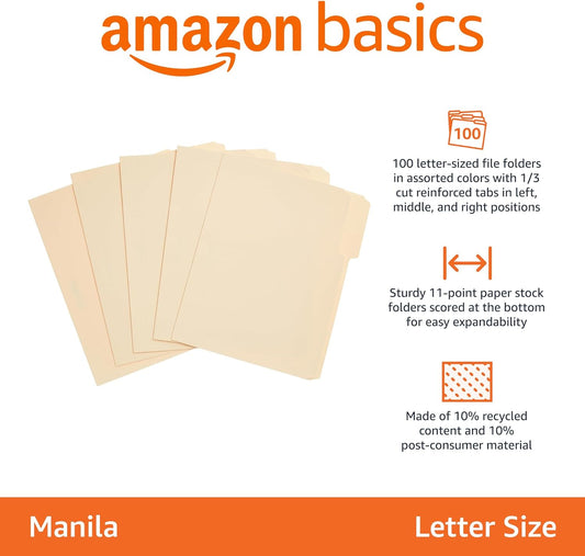Amazon_Basics_Sturdy_File_Folders_with_Reinforced_Tabs_for_Filing_and_Organization,_1/3-Cut_Tab,_Assorted_Positions,_Letter_Size,_8.5x11_inches,_Manila,_100-Pack