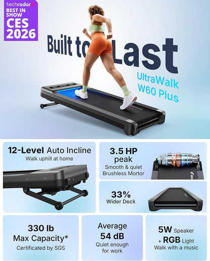 MERACH_UltraWalk_W60_Walking_Pad_Treadmill_with_12%_Auto_Incline,_Under_Desk_Walking_Pad_400lb_Capacity,_Max_3.5HP_Heavy_Duty_Walking_Pad_with_Incline_for_Tall_People_with_BT_Speaker,_RGB_Light_&_APP