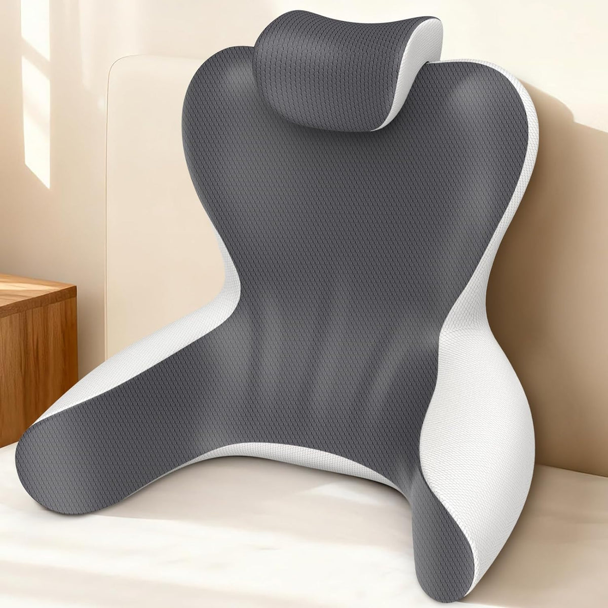22"_XL_Reading_Pillow_Sitting_in_Bed,Back_Support_&_Armrests(Grey_&_White)_|_OEKO-TEX,Back_Rest_&_Lumbar_Support_Pillows,_Bed_Rest_Chair_Cushion,Reclining,Gaming,Work,Resting,Watching_TV