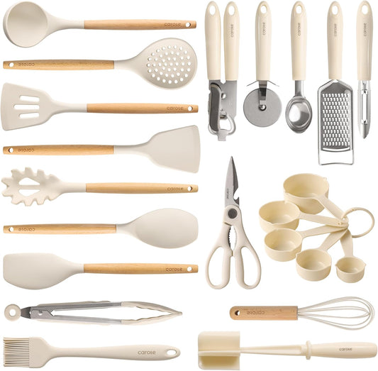 CAROTE_22-Piece_Cooking_Utensils_Set_with_Wood_Cool-Touch_Handles,_Cream