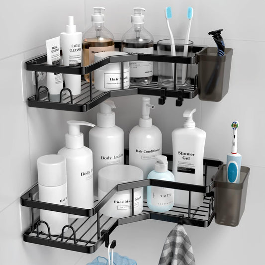 AKTECKE_Corner_Shower_Caddy,_2_Pack_Adhesive_Shower_Corner_Organizer_Shelves,_No_Drilling_Stainless_Steel_Shower_Storage_Rack_with_Hooks&Toothpaste_Holder_for_Bathroom_Kitchen_（for_90°_Corners_Only）