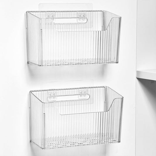 Sinnsally_2_Pack_Cabinet_Door_Organizer,Self_Adhesive_Lid_Organizer_Inside_Cabinet_Storage_Boxes,Stackable_Hanging_Basket_Bins_Wall_Mounted_Shower_Caddy_Holder_for_Kitchen,Bathroom,Pantry(Clear_White)