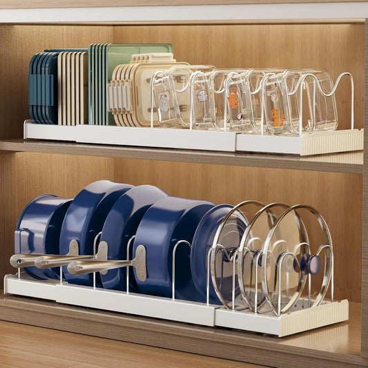 Magheo_2_Pack_Expandable_Food_Storage_Container_Lid_Organizers,_22"_Pots_and_Pans_Organizer_Under_Cabinet_with_9_Adjustable_Dividers_Pot_and_Pan_Lid_Holders_Rack_Inside_Cabinet(White)