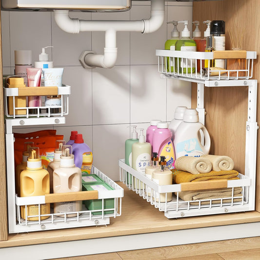 PXRACK_Under_Sink_Organizer,_Adjustable_Height,_2_Tier_Pull_Out_Under_Cabinet_Organizer,_Slide_Out_Thickened_Metal_Under_Sink_Storage_for_Kitchen_Bathroom_Laundry_Pantry_Cabinet,_White,_Large-2-Pack