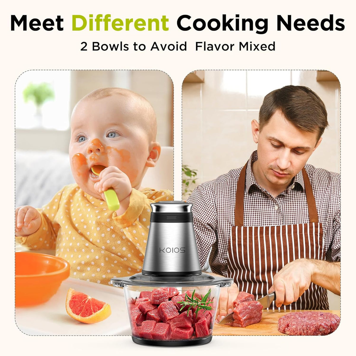 KOIOS_Food_Processor,_500W_Electric_Food_Chopper_with_2_Bowls_(8_Cup+8_Cup)_&_2_Bi-Level_Blades&,_Small_Electric_Grinder_Meat_Processor_for_Nuts,_Meat,_Onion,_Garlic,_Baby_Food,_Black