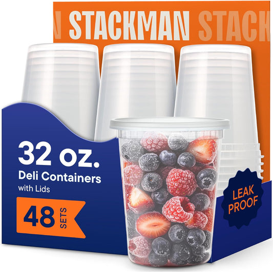 Stack_Man_32_oz_Deli_Containers_with_Lids_(48_Sets)_–_Quart_Clear_Plastic_Food_Storage_Containers,_Airtight_Leak-Resistant_Seal,_BPA-Free,_Microwave_&_Freezer_Safe,_Meal_Prep_Soup_Takeout_to-Go