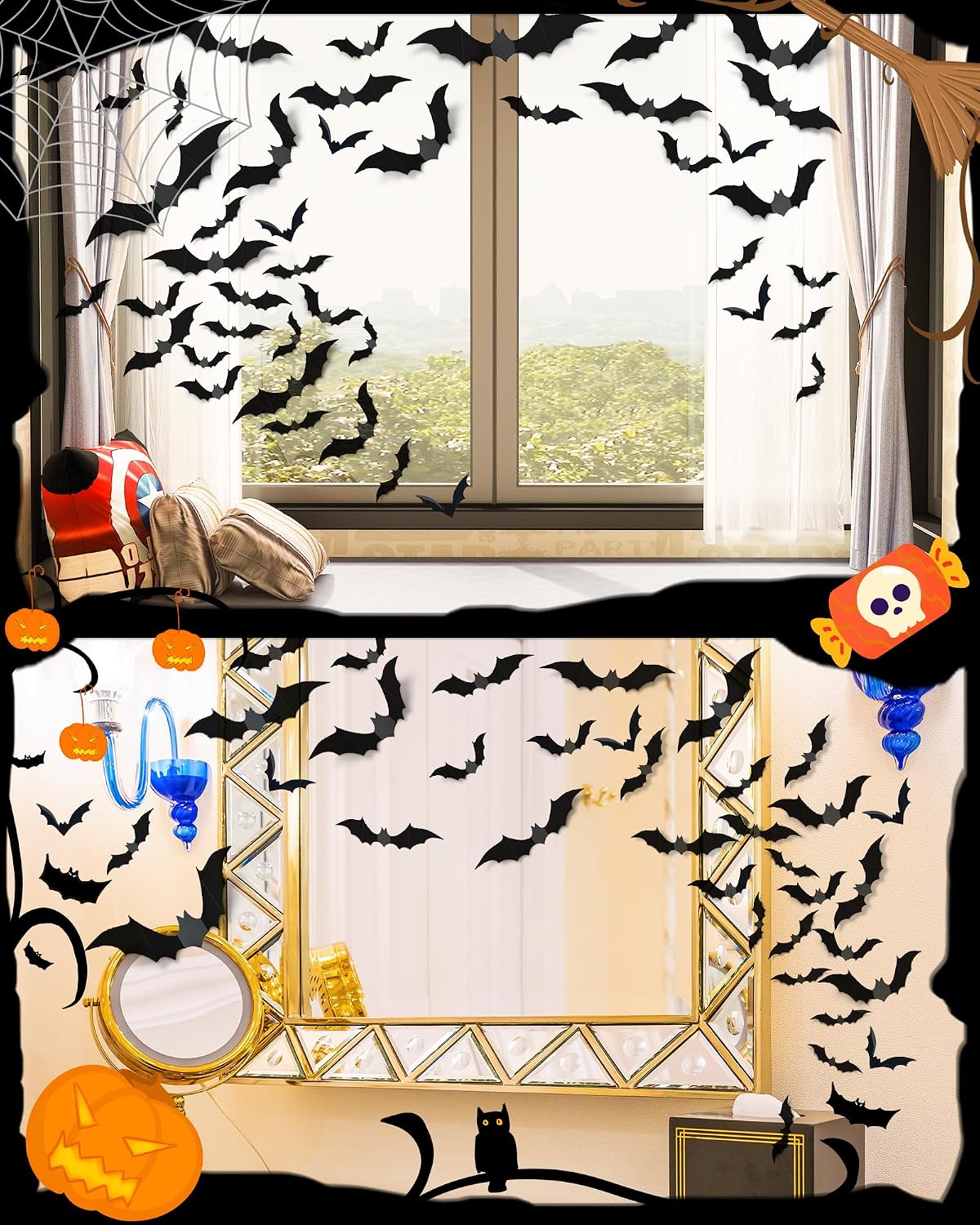 120_Pcs_3D_Halloween_Decorations_Bats_Decor,5_Sizes_Bats_Wall_Decor_Indoor