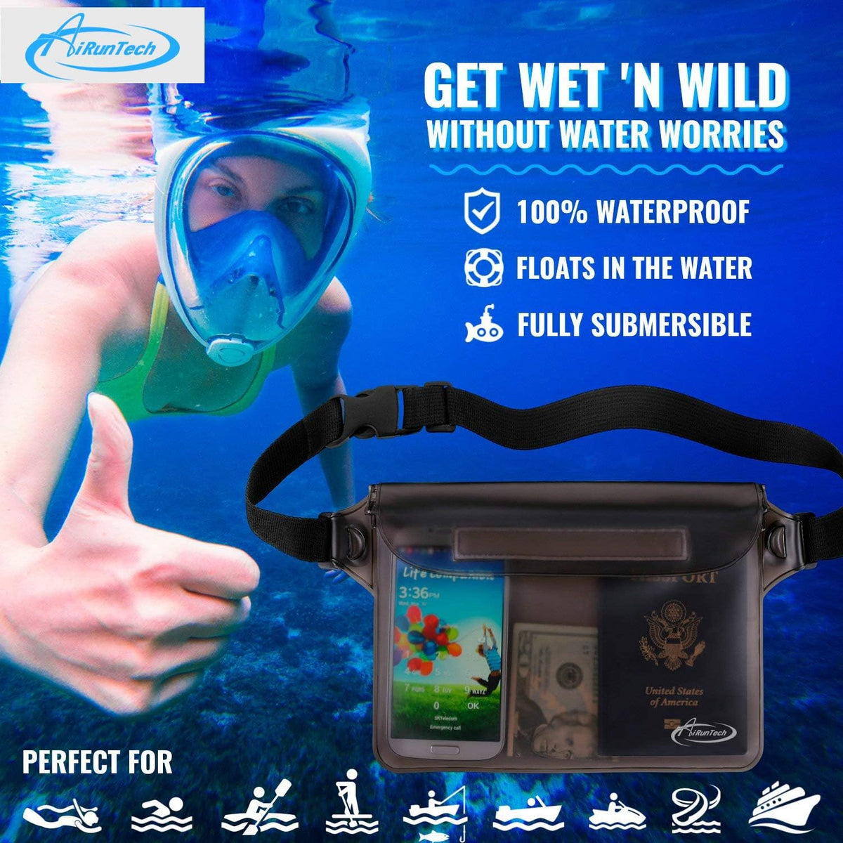 AiRunTech_Waterproof_Fanny_Pack,Phone_Pouch_Dry_Bag_for_Passport_Wallet_Purse,Floating_Waterproof_Bags_for_Travel_Beach_Swimming_Kayaking_Boating_Cruise_Accessories