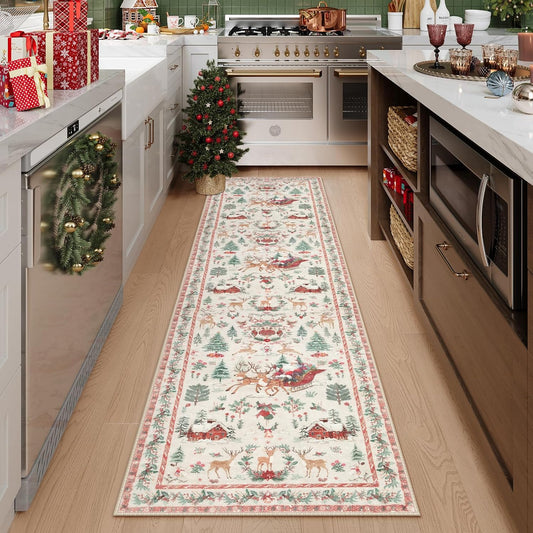 Lahome_Christmas_Runner_Rug_2x8_Beige_Rug_Runners_for_Hallways_Non_Slip,Washable_Kitchen_Bathroom_Runner_Rug,Soft_Christmas_Tree_Santa_Claus_Carpet_Runner_for_Entryway_Holiday_Decor(2'x8',Beige)