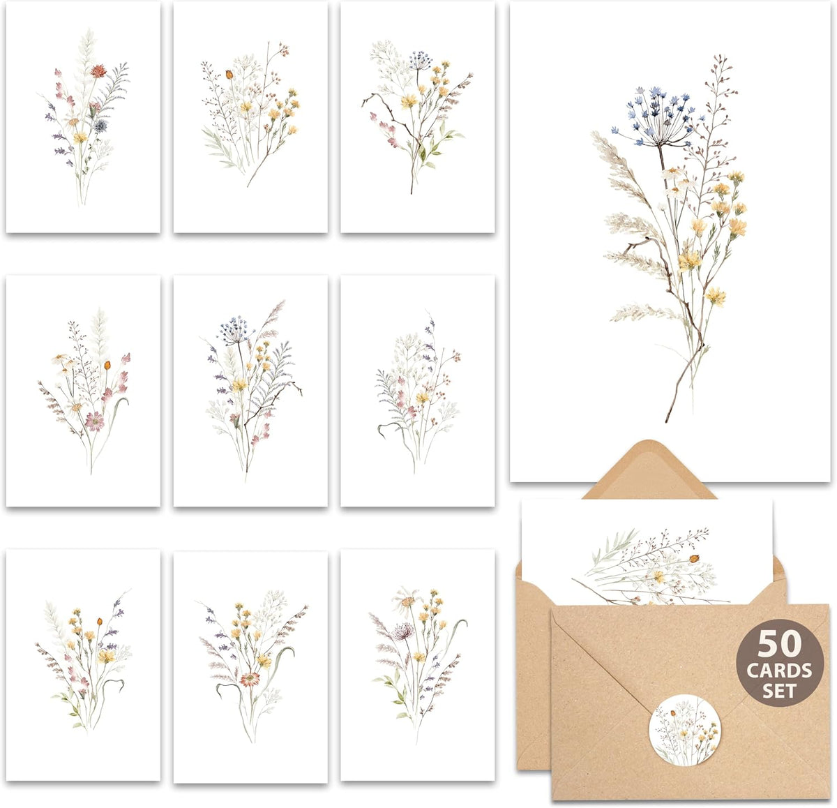 AUDREE_Blank_Cards_with_Envelopes_and_Stickers,_Wildflower_50_Pack_3.5x5