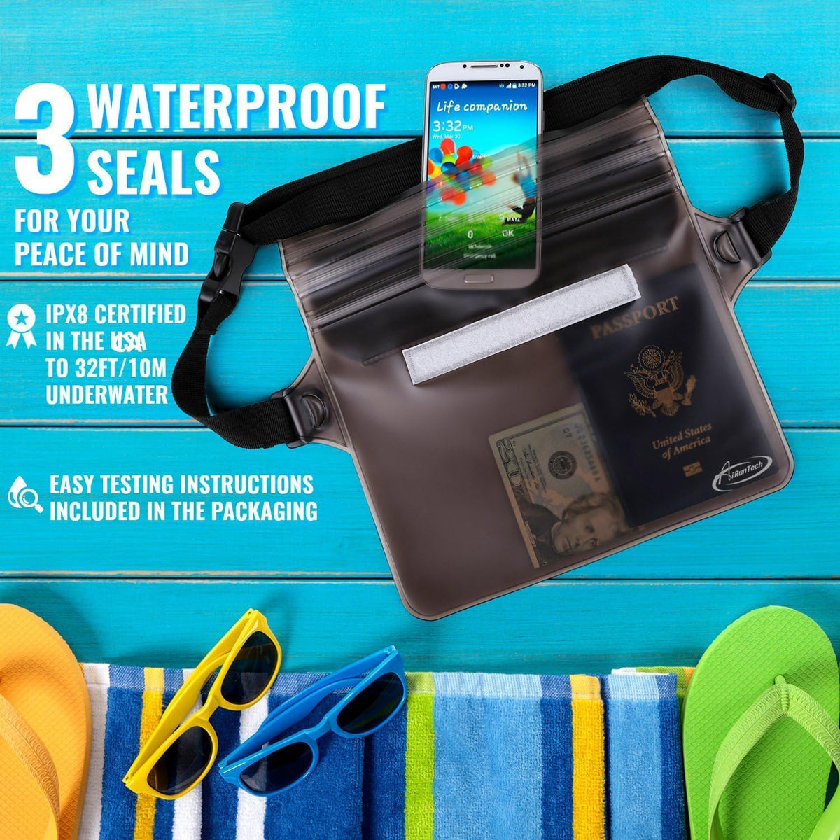 AiRunTech_Waterproof_Fanny_Pack,Phone_Pouch_Dry_Bag_for_Passport_Wallet_Purse,Floating_Waterproof_Bags_for_Travel_Beach_Swimming_Kayaking_Boating_Cruise_Accessories