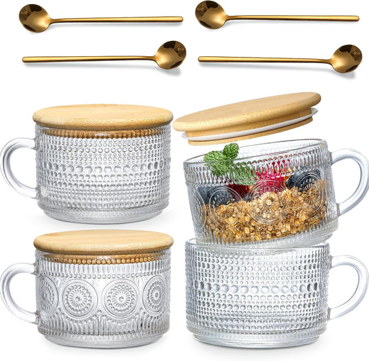 LANDNEOO_4pcs_Set_Vintage_Coffee_Mugs_gifts_for_women,_Overnight_Oats_Containers_with_Bamboo_Lids_and_Spoons_-_14oz_Clear_Embossed_Glass_Cups,_Cute_Coffee_Bar_Accessories,_Iced_Coffee_Glasses