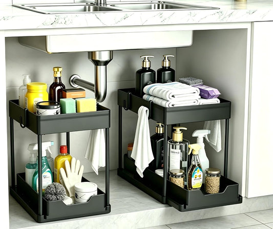 DEKAVA_Under_Sink_Organizer_2_Pack,_Bathroom_Cabinet_Organizer,_2_Tier_Sliding_Cabinet_Basket_Organizer_Drawer,_Multi-Purpose_Bath_Collection_Baskets_for_Bathroom_(Black)