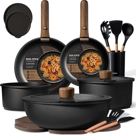 CAROTE_21pcs_Pots_and_Pans_Set_Non_Stick,_Detachable_Handle_Cookware,_Black