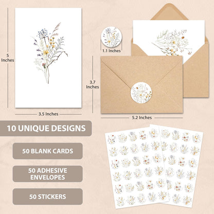 AUDREE_Blank_Cards_with_Envelopes_and_Stickers,_Wildflower_50_Pack_3.5x5