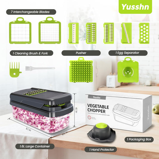 Yusshn_Vegetable_Chopper,_12-in-1_Food_Veggie_Chopper_Cutter_with_Container_|_7_Sharp_Blades_Dice,_Slice,_Shred_and_Grate_for_Salads,_Onions_and_Meal_Prep,_with_a_Non-Slip_Base_and_Drain_Basket