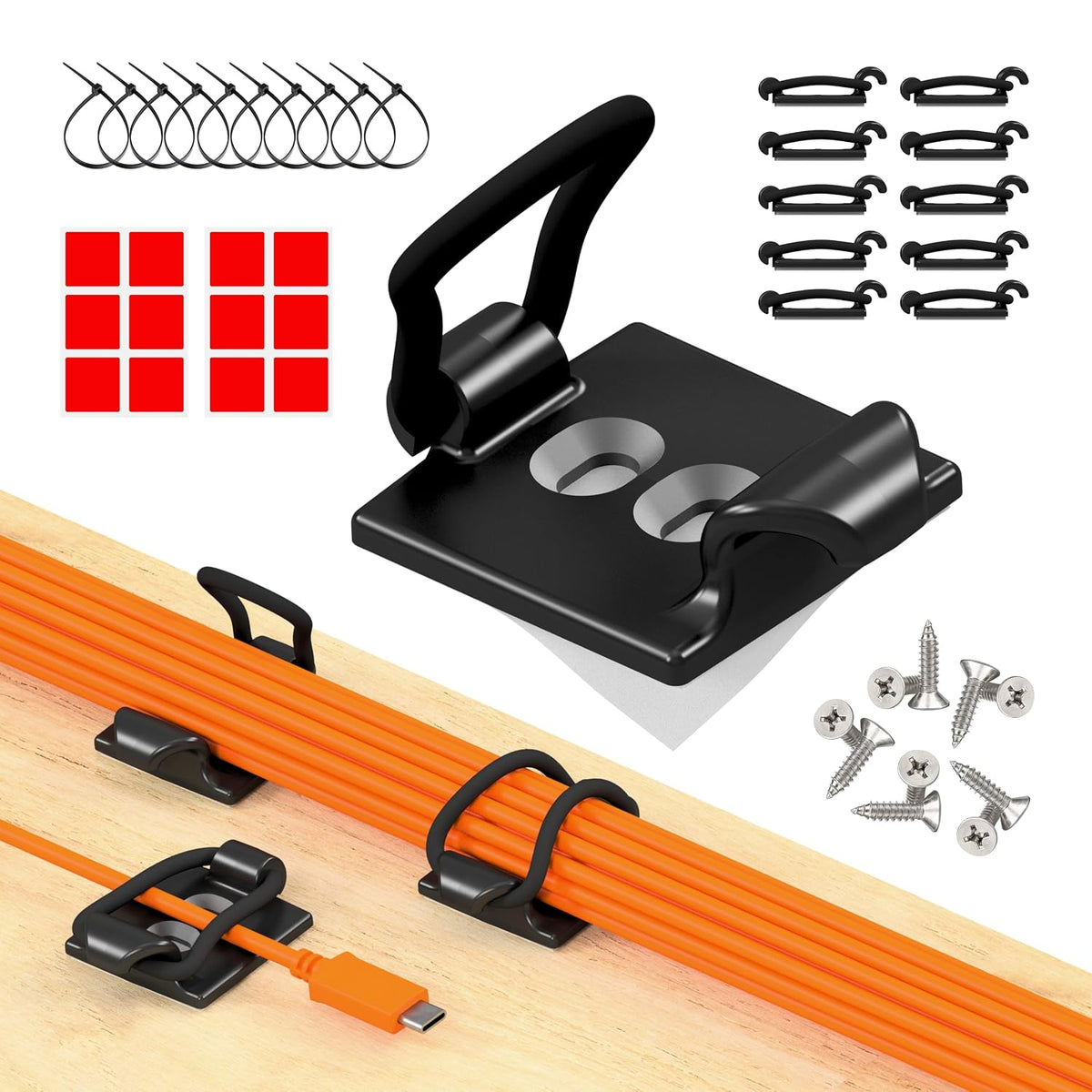 [Made_in_the_UK]_10-Pack_Adjustable_Elastic_Adhesive_Cable_Clips,_Wire_Management_Holder,_Cord_Organizer_for_Home_Office,_Under_Desk,_Behind_TV,_Phone_Charger,_Laptop,_PC,_HDMI,_USB_(Black)