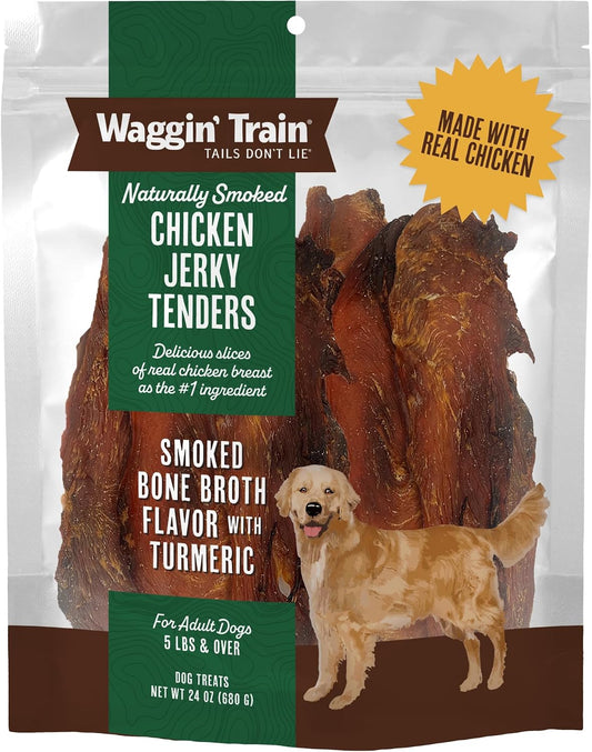 Waggin'_Train_Smoked_Chicken_Jerky_Tenders_for_Dogs_with_Turmeric_and_Human_Grade_Bone_Broth,_Grain_and_Corn_Free,_High_Protein,_Premium_Limited_Ingredient_100%_Real_Chicken_Dog_Treats,_24_oz._Pouch