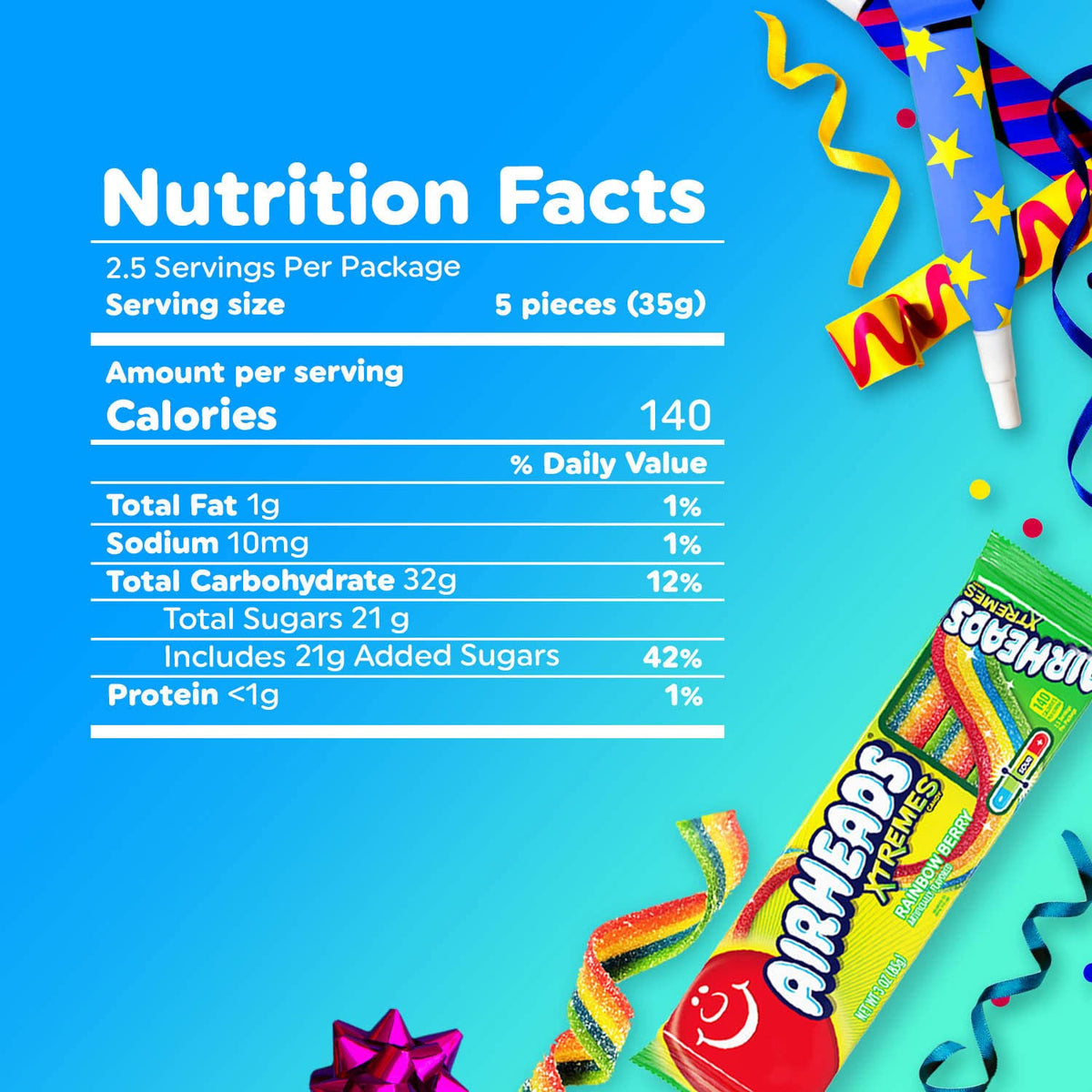 Airheads Xtremes Belts Blue Raspberry Candy, 18 Individually Wrapped 2 oz Chewy Belts – No Melt Road Trip Travel Snack for Cars Campers and Picnics