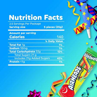 Airheads Xtremes Belts Blue Raspberry Candy, 18 Individually Wrapped 2 oz Chewy Belts – No Melt Road Trip Travel Snack for Cars Campers and Picnics