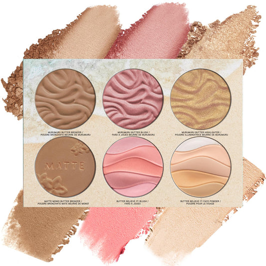 all-in-one palette containing murumuru butter bronzer, matte monoi butter bronzer, happy booster mood-boosting blush, rosé all day petal glow highlighter, mineral glow pearls highlighter, and face powder