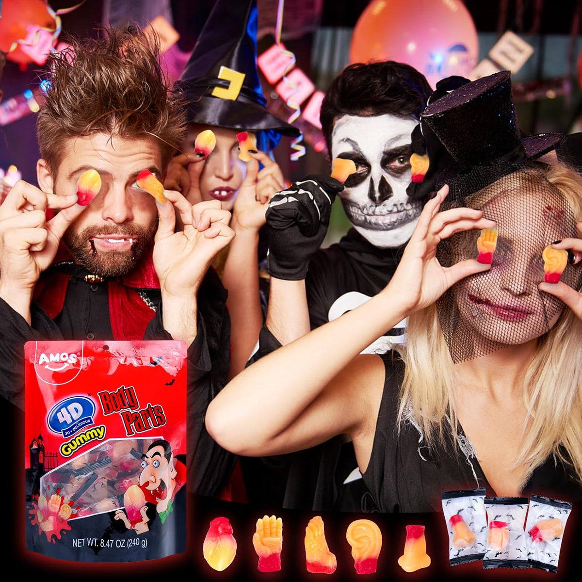 Amos Halloween Body Part Gummies – Hygienic Single-Serve Candy for Children's Birthday Parties, Classroom Goody Bags & Doorstep Treats