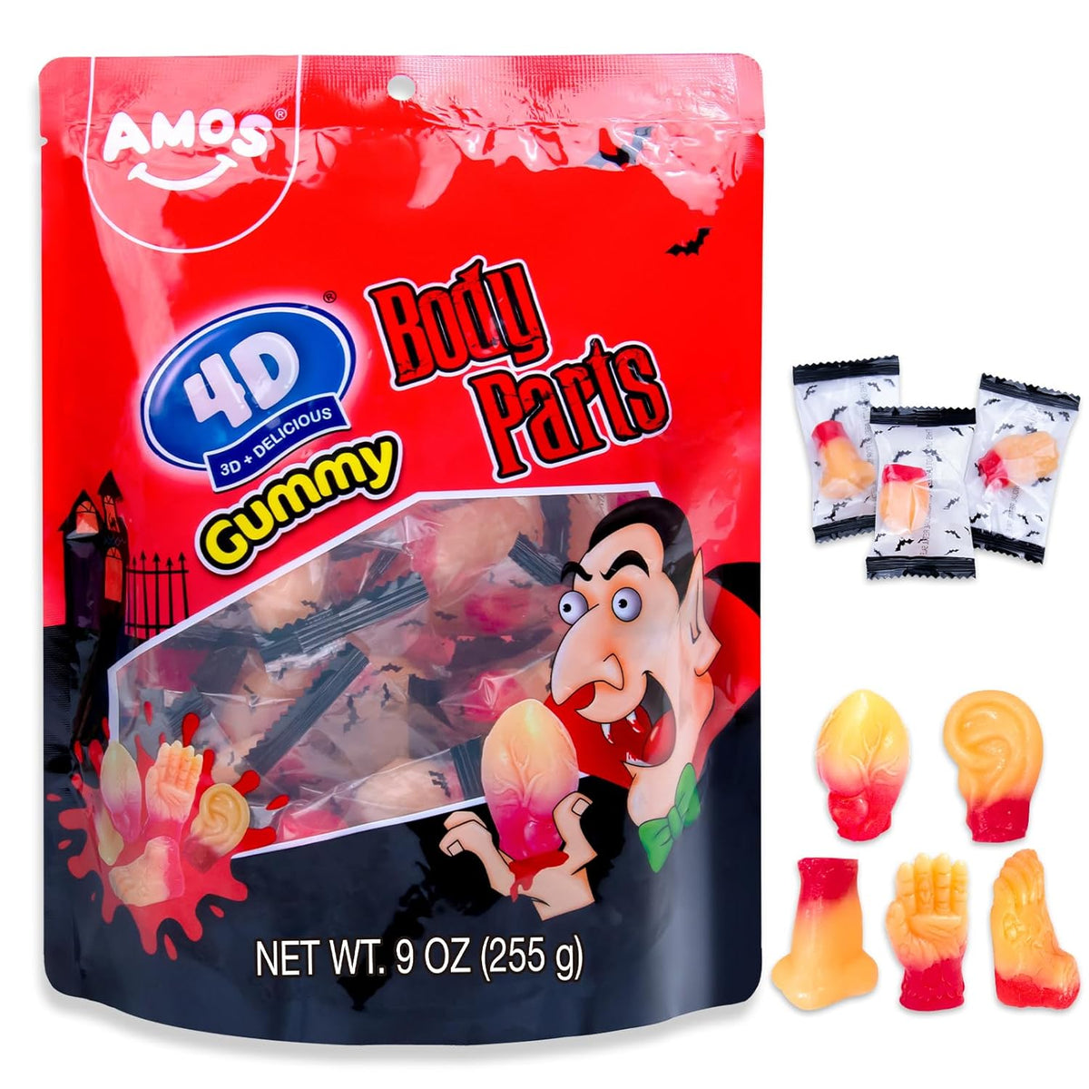 Amos Halloween Body Part Gummies – Hygienic Single-Serve Candy for Children's Birthday Parties, Classroom Goody Bags & Doorstep Treats