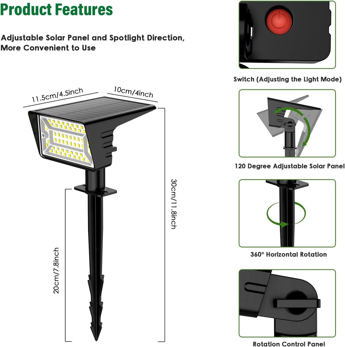 Aogek Solar Spot Lights for Safer Nighttime Navigation — Adjustable Aim, Long Stakes and Sturdy ABS Housing, 4 Pack
