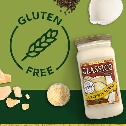 available in three flavor profiles: four cheese alfredo, roasted garlic alfredo, creamy alfredo