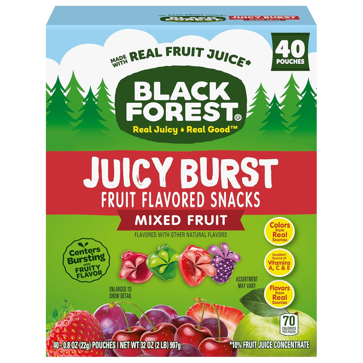 Black Forest Juicy Burst Fruit Flavored Snacks for Picky Eaters – Soft Chewy Pouches with Juicy Center, 40 ct Box