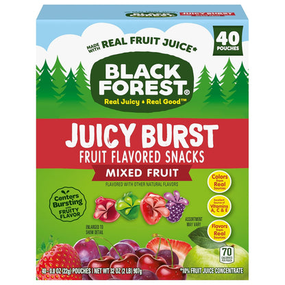 Black Forest Juicy Burst Fruit Flavored Snacks for Picky Eaters – Soft Chewy Pouches with Juicy Center, 40 ct Box
