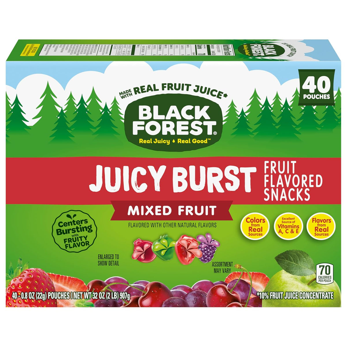 Black Forest Juicy Burst Fruit Flavored Snacks for Picky Eaters – Soft Chewy Pouches with Juicy Center, 40 ct Box