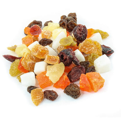 blend of four dried fruits: cranberries, coconut, mango, and raisins