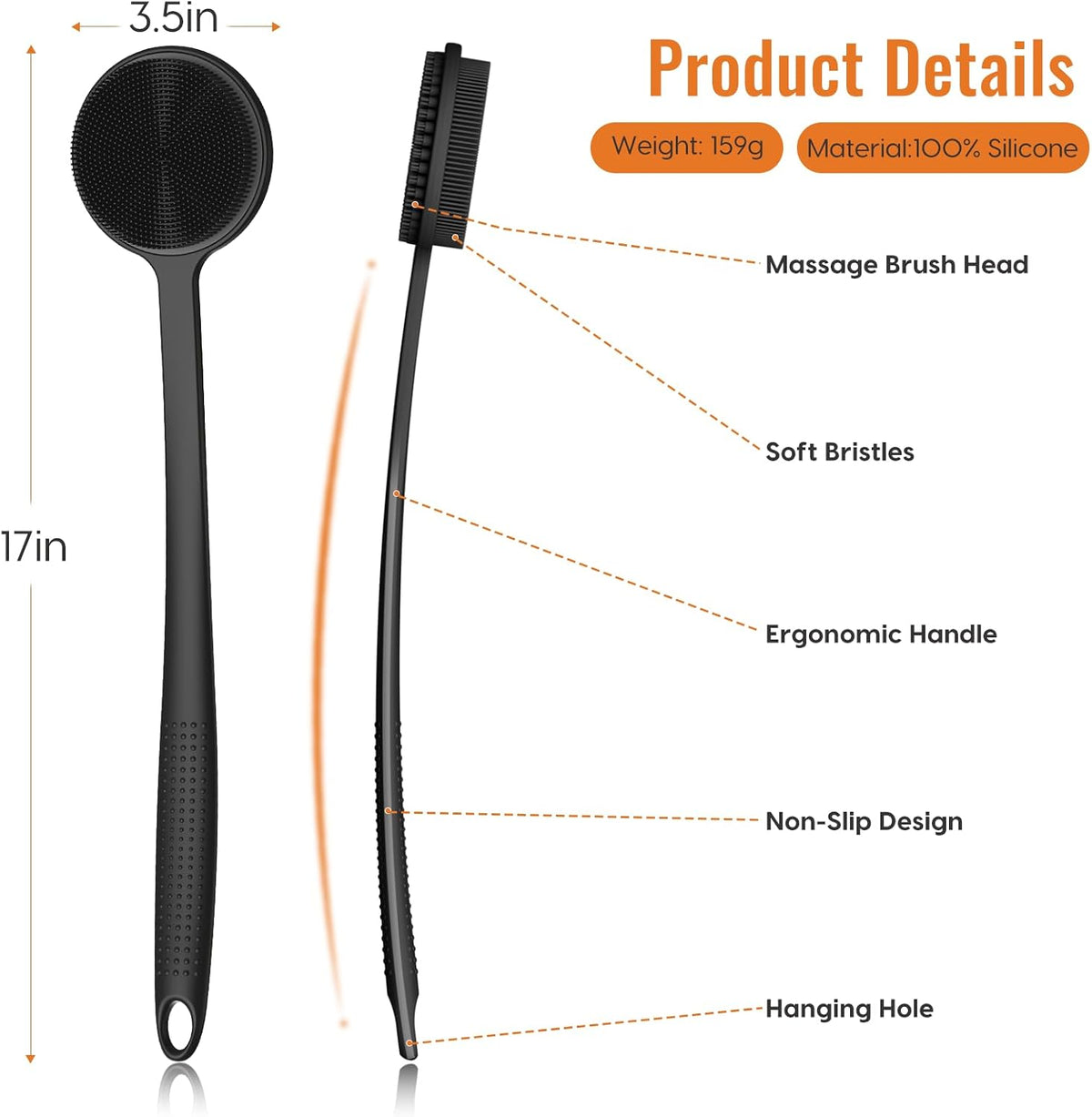 [Brand Name] 17in Body Brush – Hygienic Silicone Back Scrubber for Sensitive Skin and Worry-Free Use