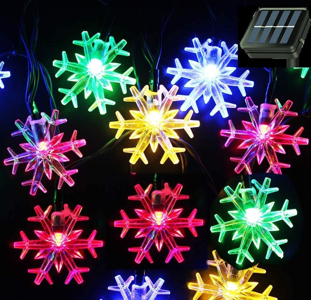 Brightever Solar Snowflake Hanging Lights 20 Ft 30 LED – White & Multicolor String for Cozy Home Atmosphere and Holiday Styling