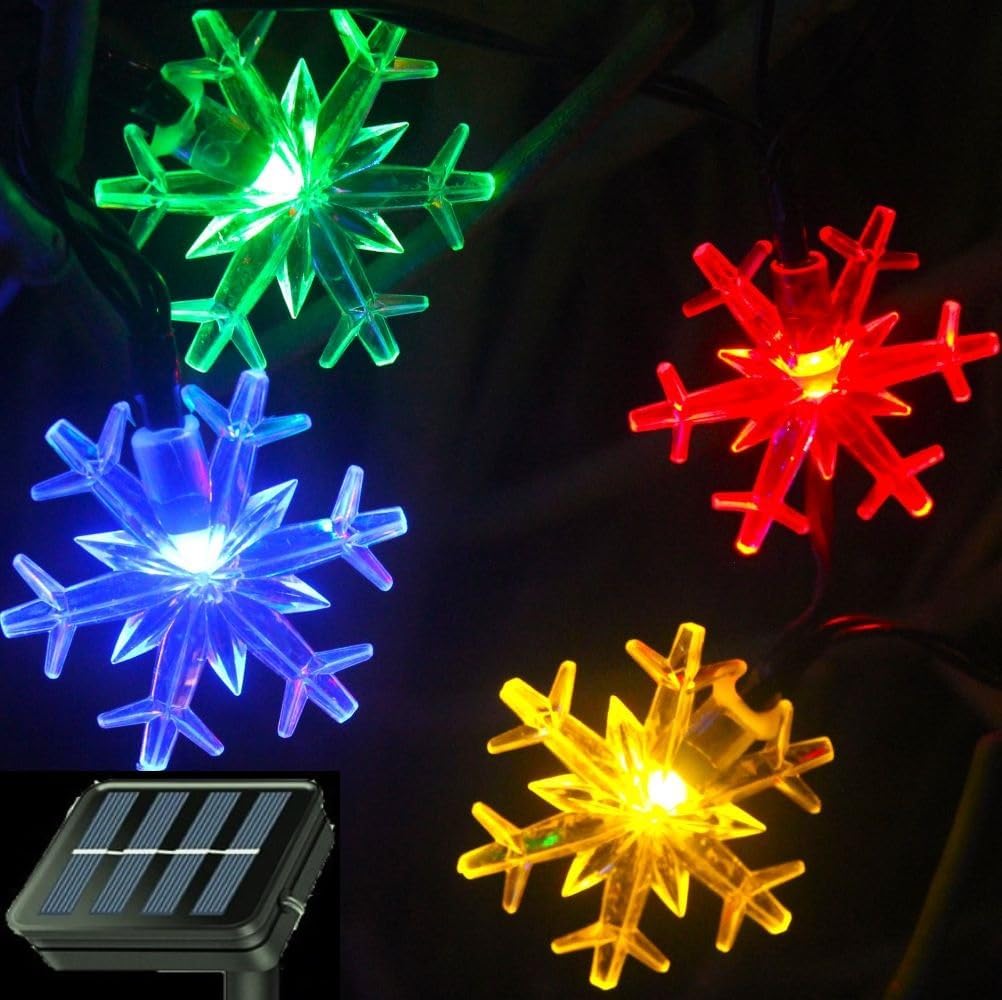 Brightever Solar Snowflake Hanging Lights 20 Ft 30 LED – White & Multicolor String for Cozy Home Atmosphere and Holiday Styling