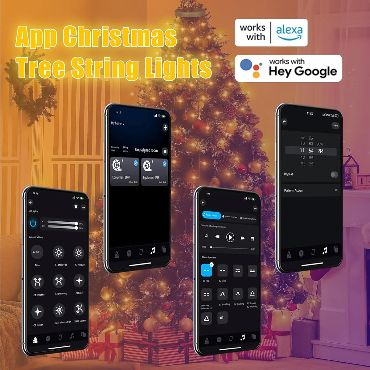 BrizLabs APP Controlled Tree Lights – Warm Holiday Ambiance for the Living Room with Music Reactive Modes