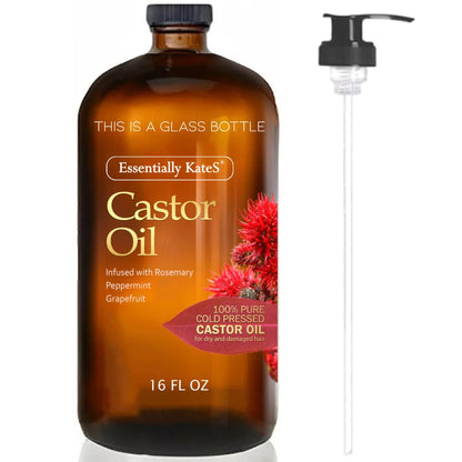 Castor Oil 16 Fl Oz (Glass Bottle) - Rosemary Peppermint Grapefruit Infusion - A Huge Glass Bottle with a Pump - 100% Pure and Natural, Cold Pressed, and Hexane-Free - Hair Oil, Body Oil