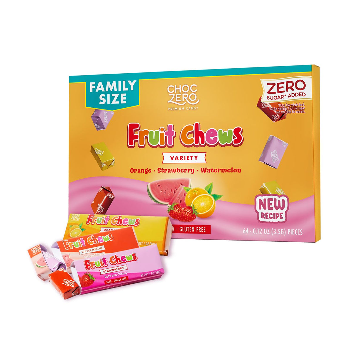 ChocZero Fruit Chews, New & Improved Recipe, Sugar Free Keto Taffy Candy, Orange, Strawberry, Watermelon Flavors, 8 oz