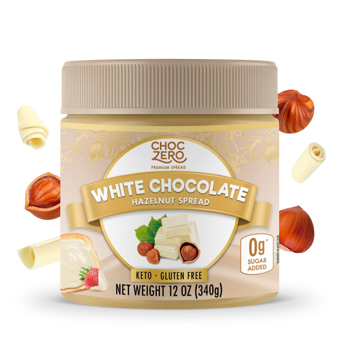 ChocZero Keto White Chocolate Hazelnut Spread - Keto Friendly, No Sugar Added, Best Low Carb Dessert, Perfect Topping for Breakfast, Naturally Sweetened with Monk Fruit (1 jar, 12 oz)