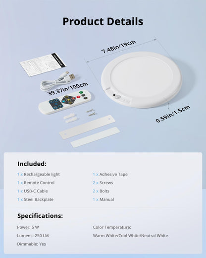 Combuh Wireless Motion Ceiling Light – Detachable Minimalist Design That Charges Off the Wall, No Cables or Hardware Visible