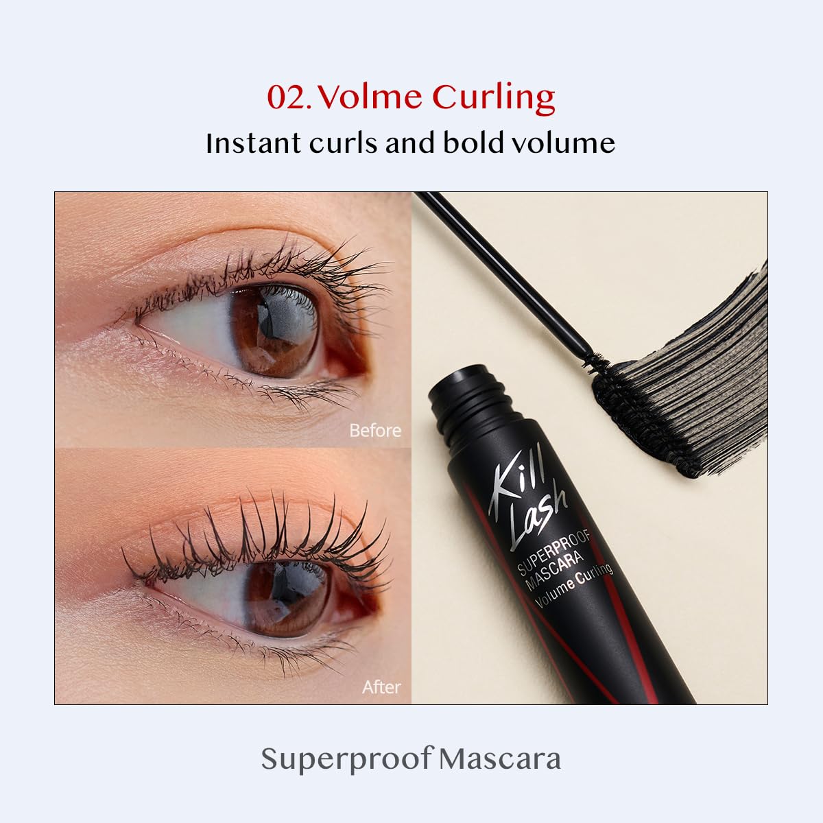 curved brush designed to distribute formula evenly from root to tip and hold curl