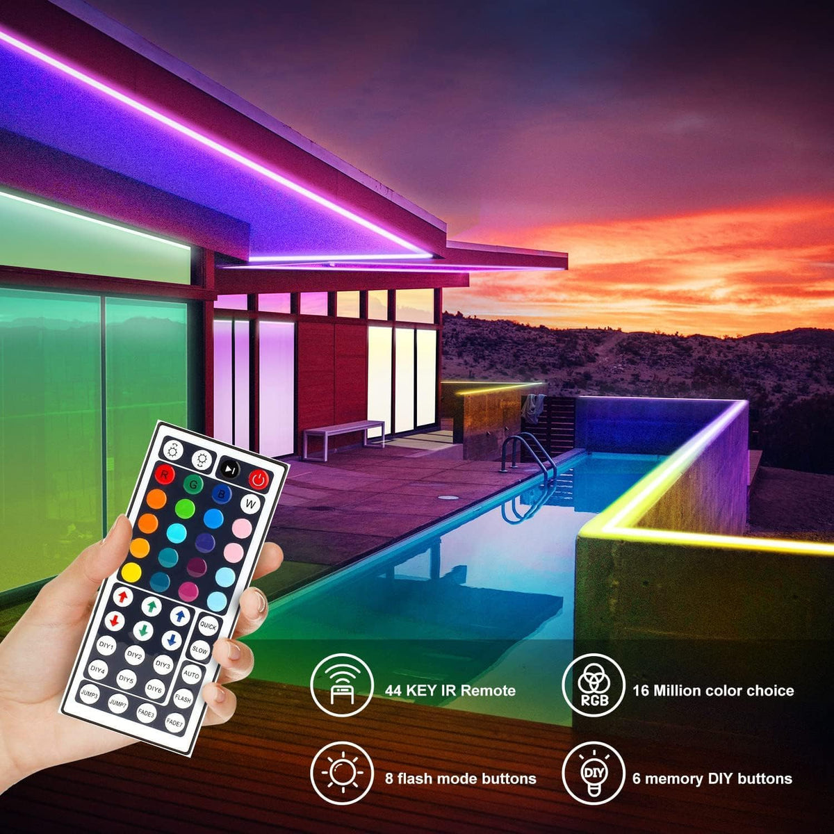 DAYBETTER LED Strip Lights 32.8ft – Ambient Home Decor with 44 Key Remote for Stylish Living Room Makeover