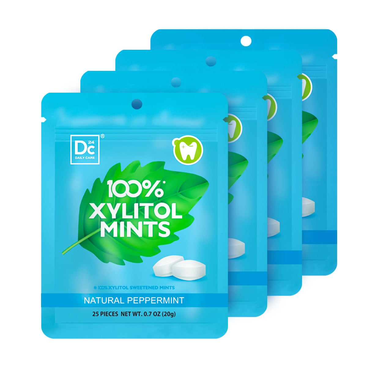 DC24 DAILY CARE 100% Xylitol Mints | Aspartame Free, Sugar Free, Vegan, Gluten Free & Keto Friendly | Natural Peppermint Flavored Mints, 25 Piece-Pack, 4 Packs