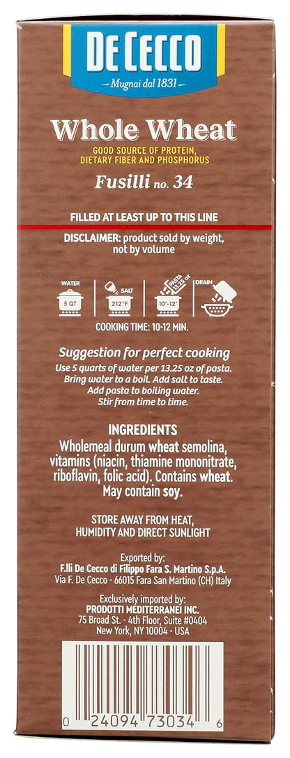 De Cecco Whole Wheat Fusilli – Pure 100% Whole Wheat Pasta for Uncluttered Whole-Food Kitchens