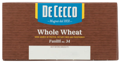 De Cecco Whole Wheat Fusilli – Pure 100% Whole Wheat Pasta for Uncluttered Whole-Food Kitchens