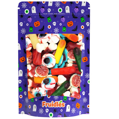 Fruidles Creepy Gummy Fingers, Eyes, Brain and Bones – Weather-Friendly Resealable Treat Bag for Yard Parties and Outdoor Halloween Setups