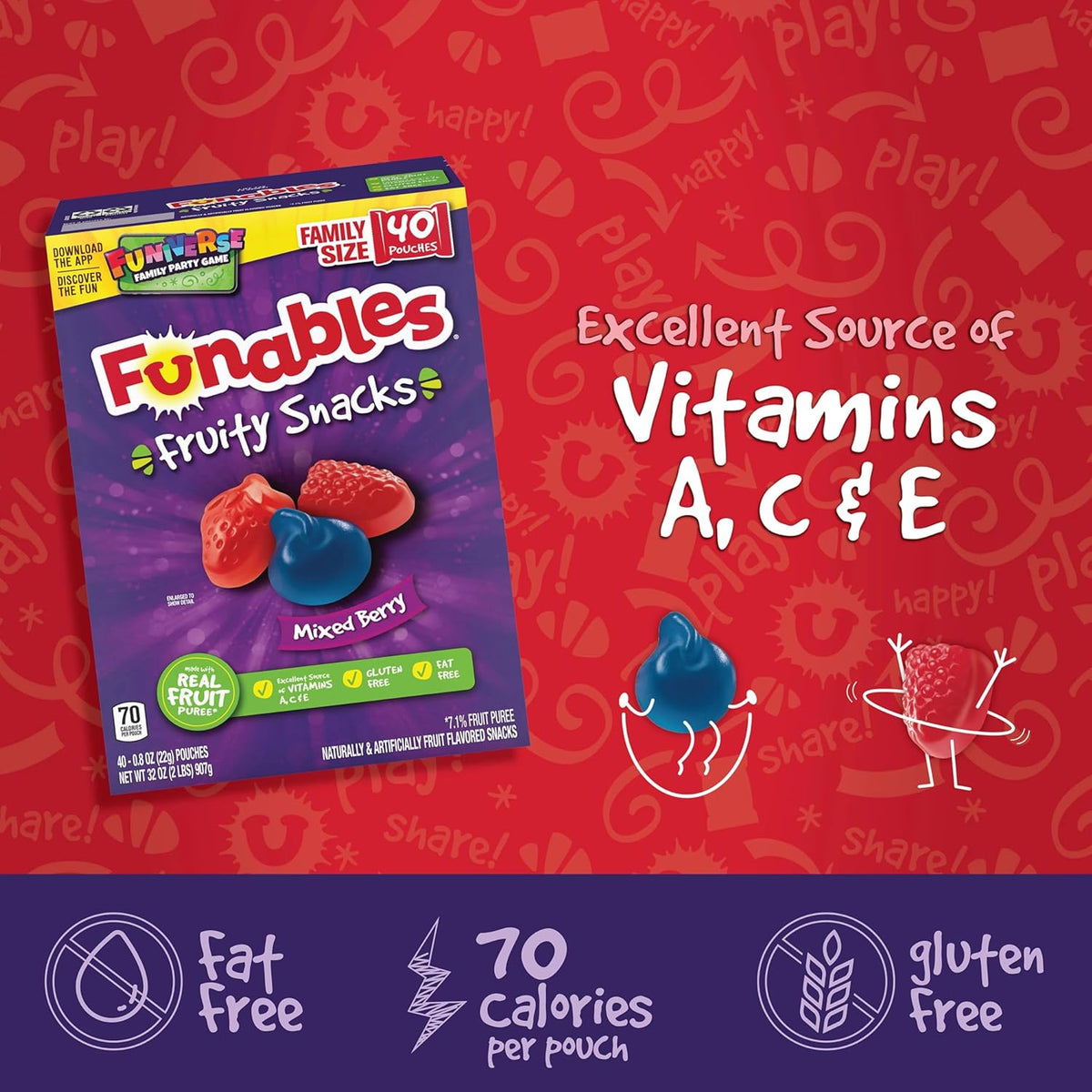 Funables Fruity Snacks, Fat Free Mixed Berry Gummies for Classroom Parties and Halloween Candy Bowl