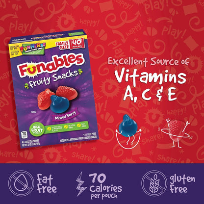 Funables Fruity Snacks, Fat Free Mixed Berry Gummies for Classroom Parties and Halloween Candy Bowl
