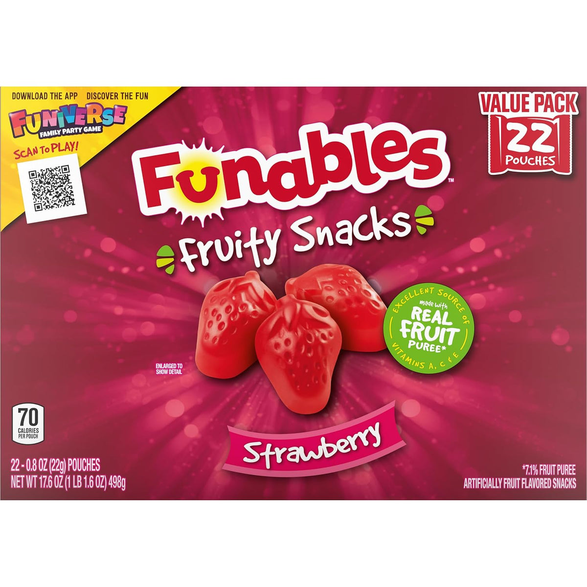 Funables Gluten-Free Fruit Snacks for Kids, Strawberry 0.8 oz Pouches (22 Count)